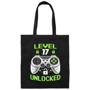 17 Years Old Birthday, Level 17 Unlocked, Video Games, Gamer Style Gift Canvas Tote Bag