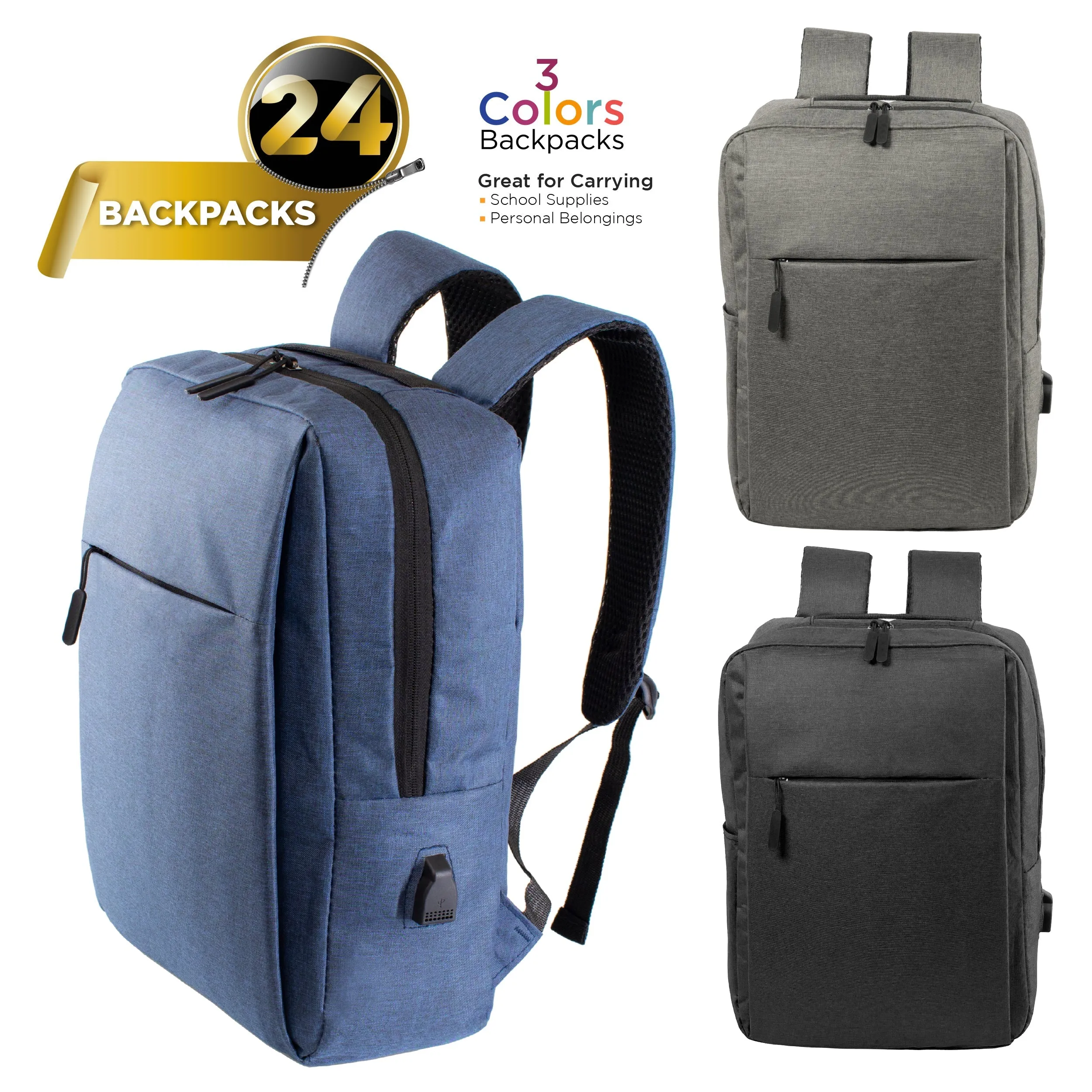 17" Wholesale Premium Design Laptop Backpacks in 3 Colors - Bulk Case of 24 Bookbags