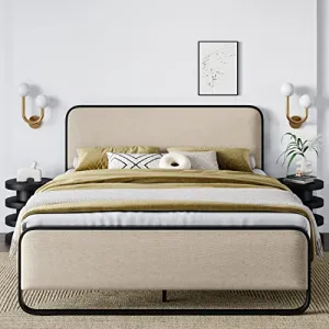 Allewie Full Size Metal Bed Frame with Curved Upholstered Headboard and Footboard, Platform Bed Frame with Under Bed Storage, No Box Spring Needed, Vintage, Beige