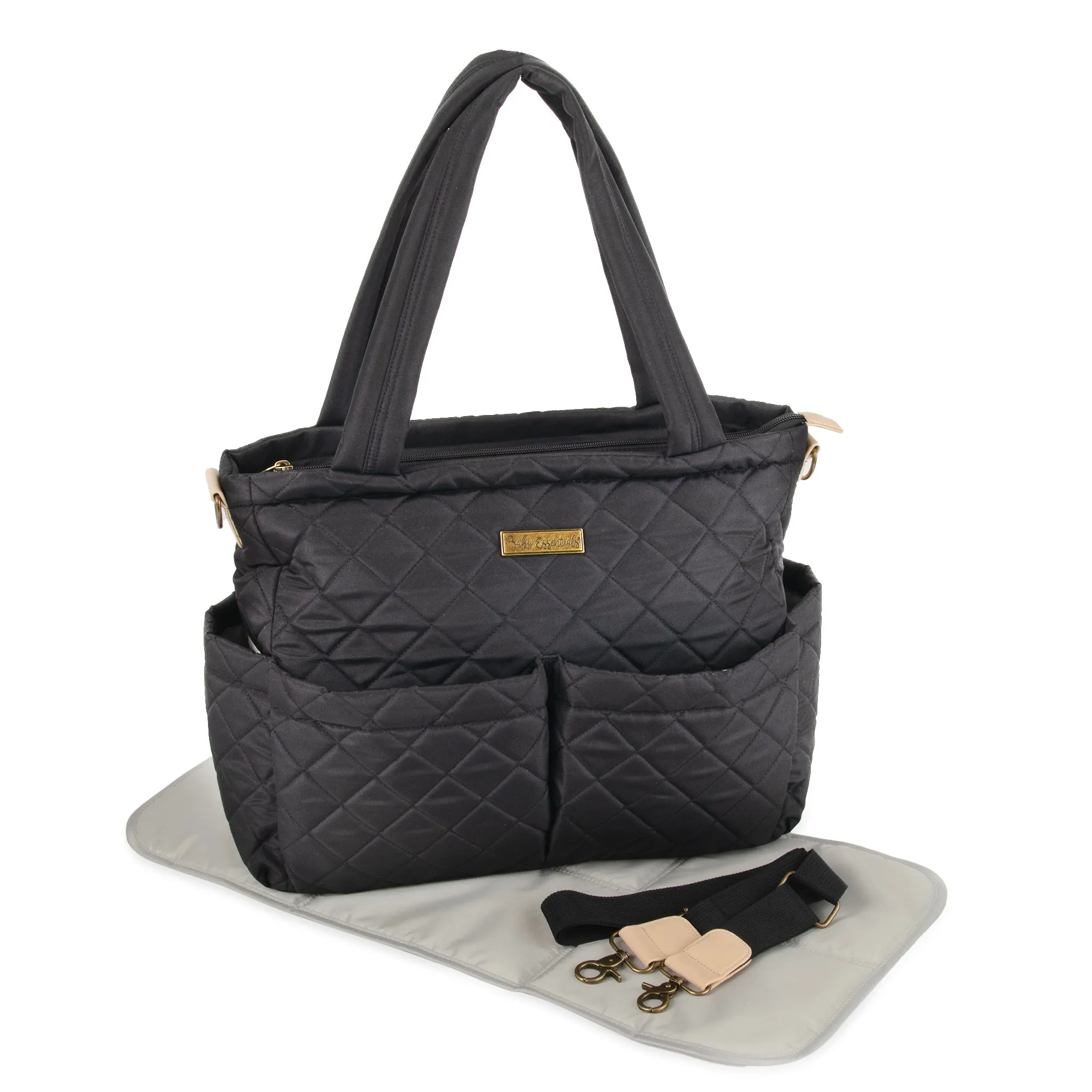 Baby Essentials Quilted Diaper Bag Tote 2-Piece Set - Black