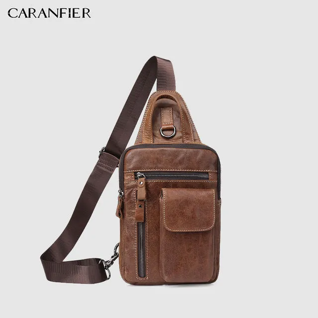 CARANFIER Mens Chest Bags Shoulder Messenger Bag Genuine Cowhide Leather Casual Men Zipper Soft Male Classic Small Travel Bags