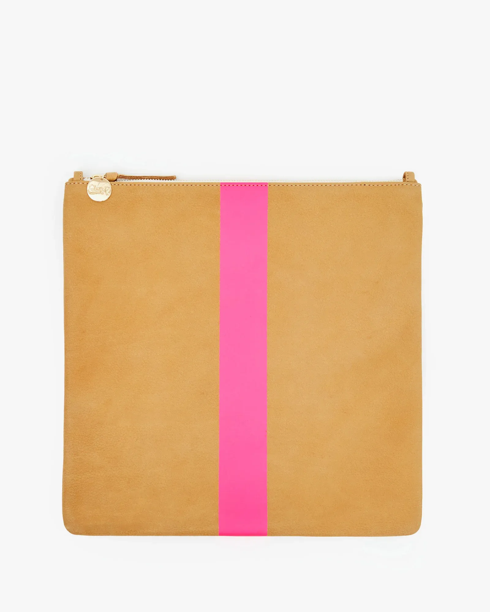 Clare V - Foldover Clutch w/ Tabs in Camel Nubuck w/Neon Pink Stripes