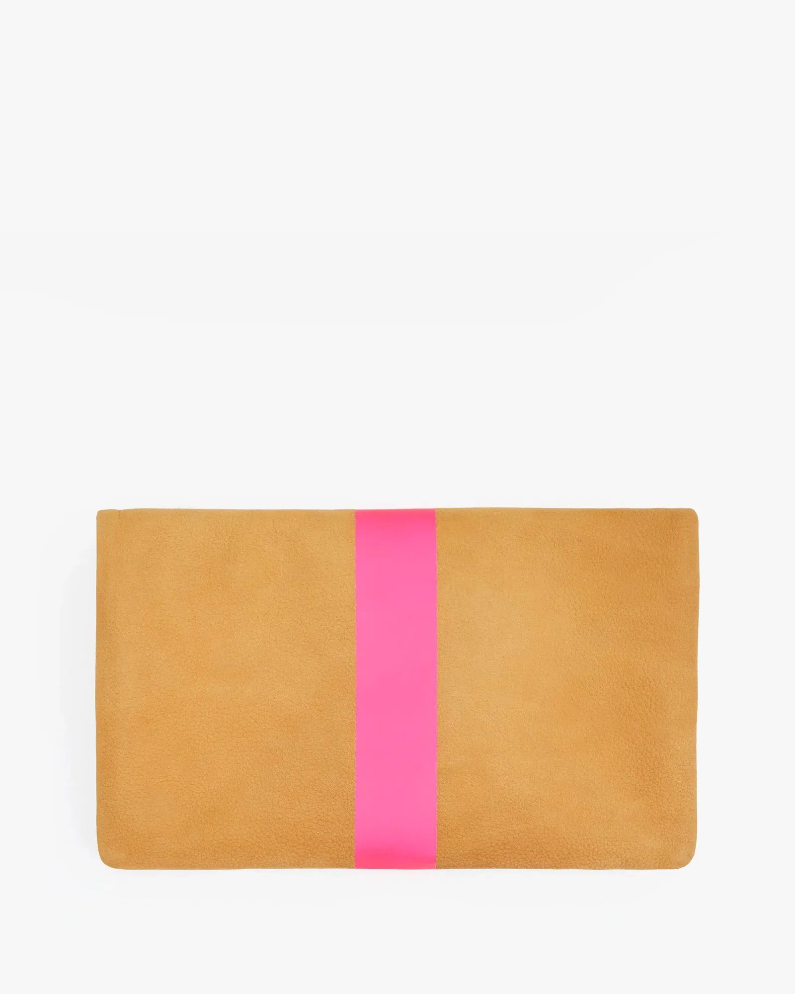 Clare V - Foldover Clutch w/ Tabs in Camel Nubuck w/Neon Pink Stripes