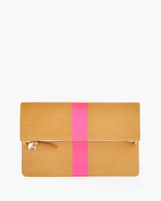 Clare V - Foldover Clutch w/ Tabs in Camel Nubuck w/Neon Pink Stripes