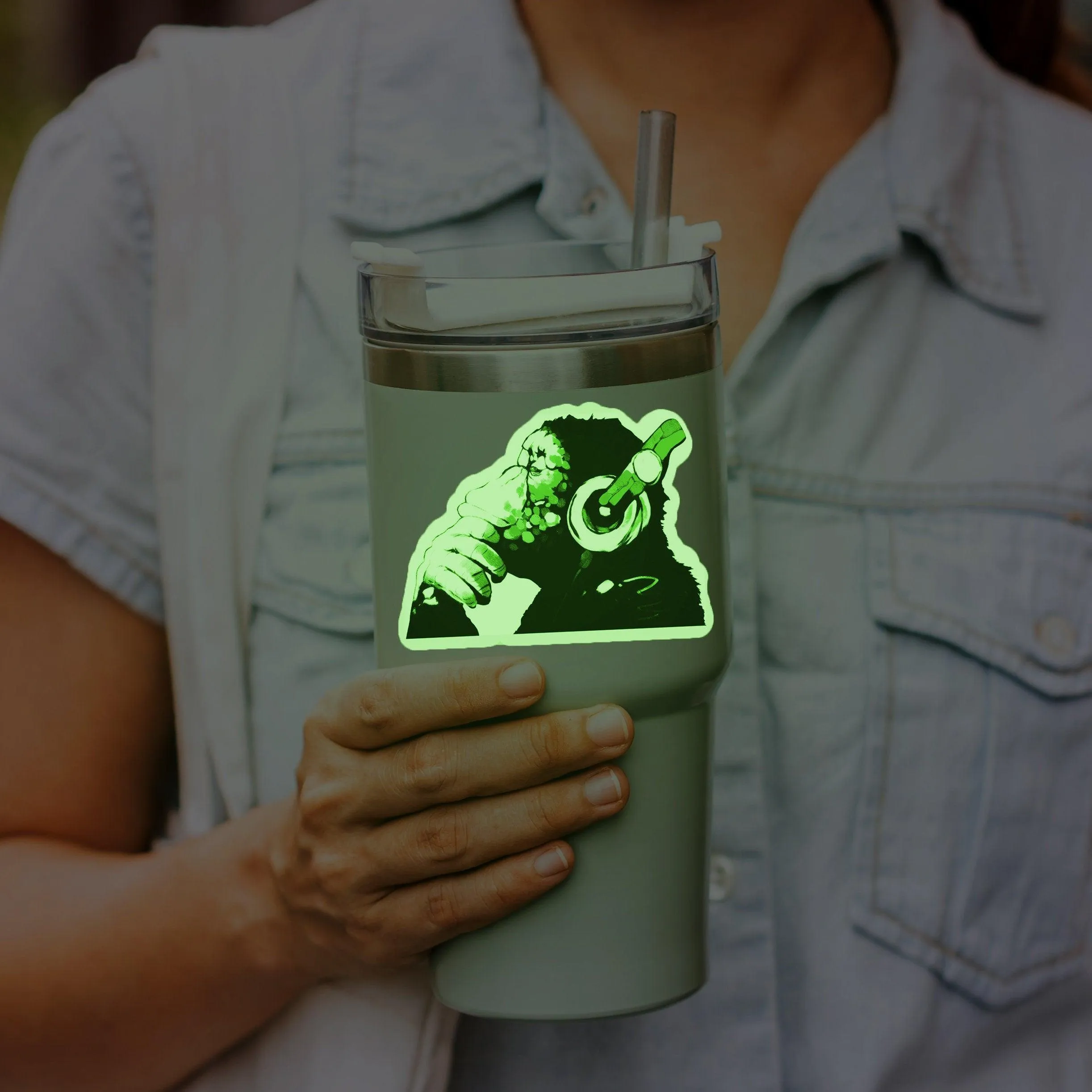 Glow in The Dark Laptop Vinyl Decal - Glowing Music Monkey In Headphones Sticker