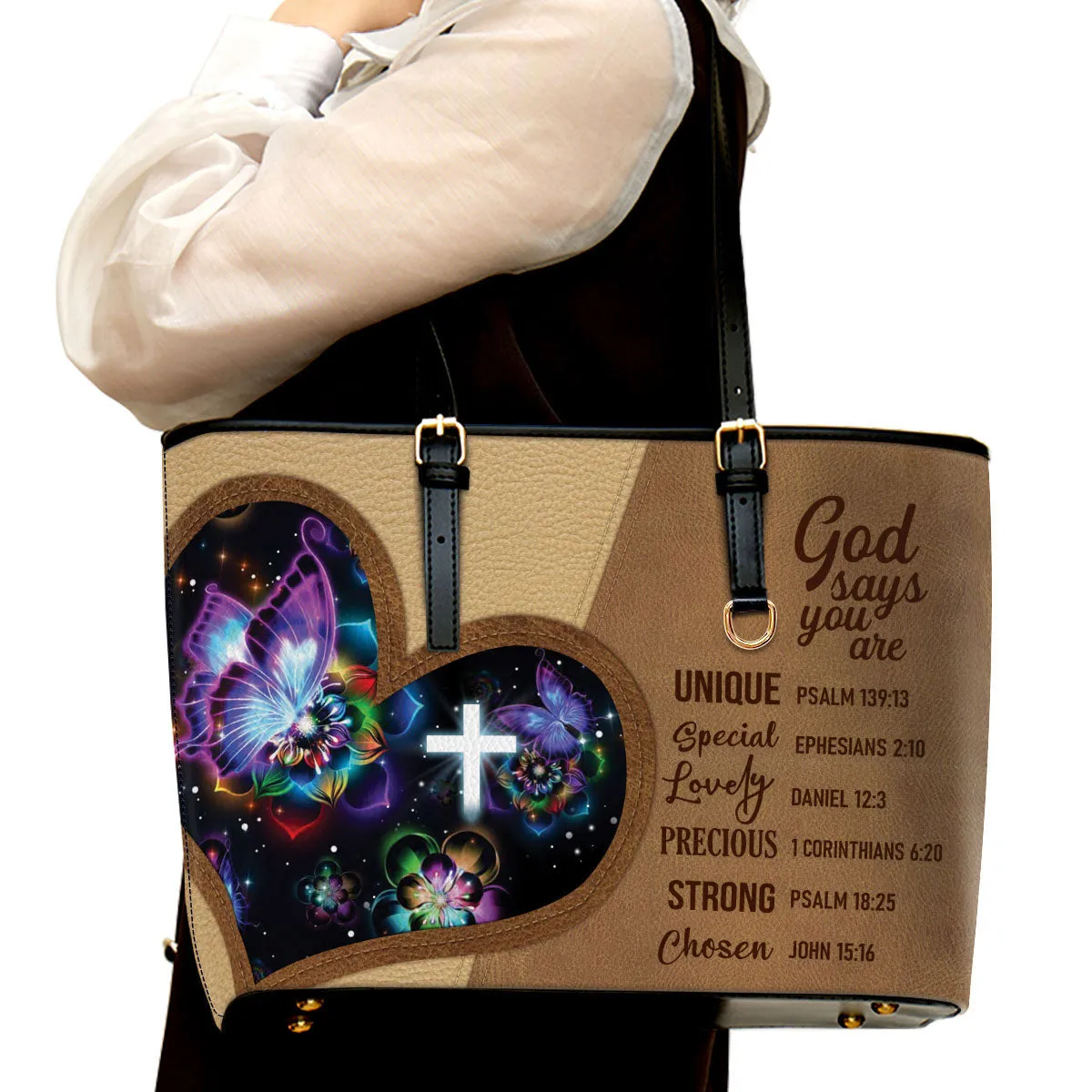 God Says You Are Precious Flower Large Leather Tote Bag - Christ Gifts For Religious Women - Best Mother's Day Gifts