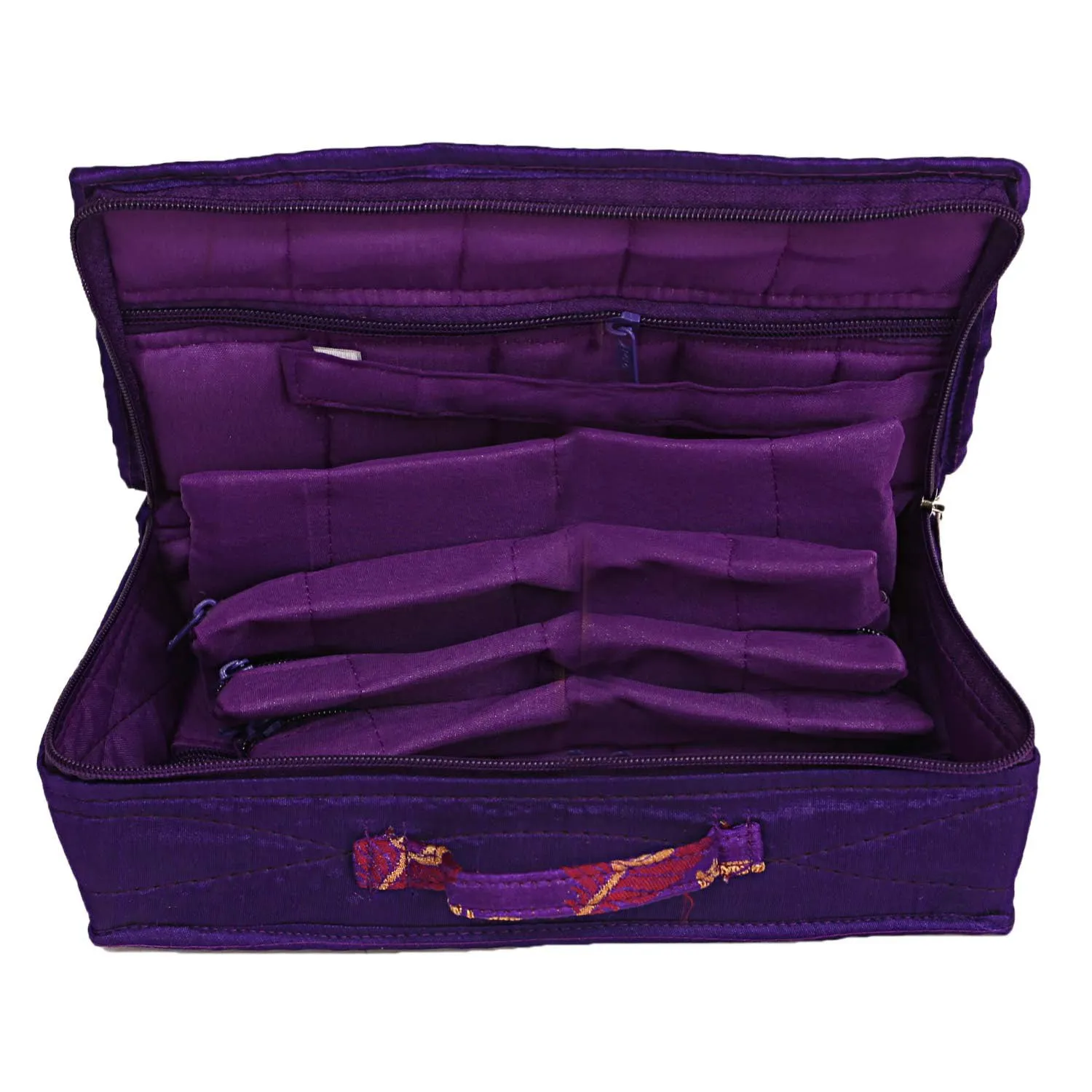 Kuber Industries Jewellery Kit | Satin Morpankh Print Jewellery Kit | 4 Flappable Pouches & 2 Extra Compartment | Cosmetic Kit for Necklace | Bracelet | Pack of 2 | Purple