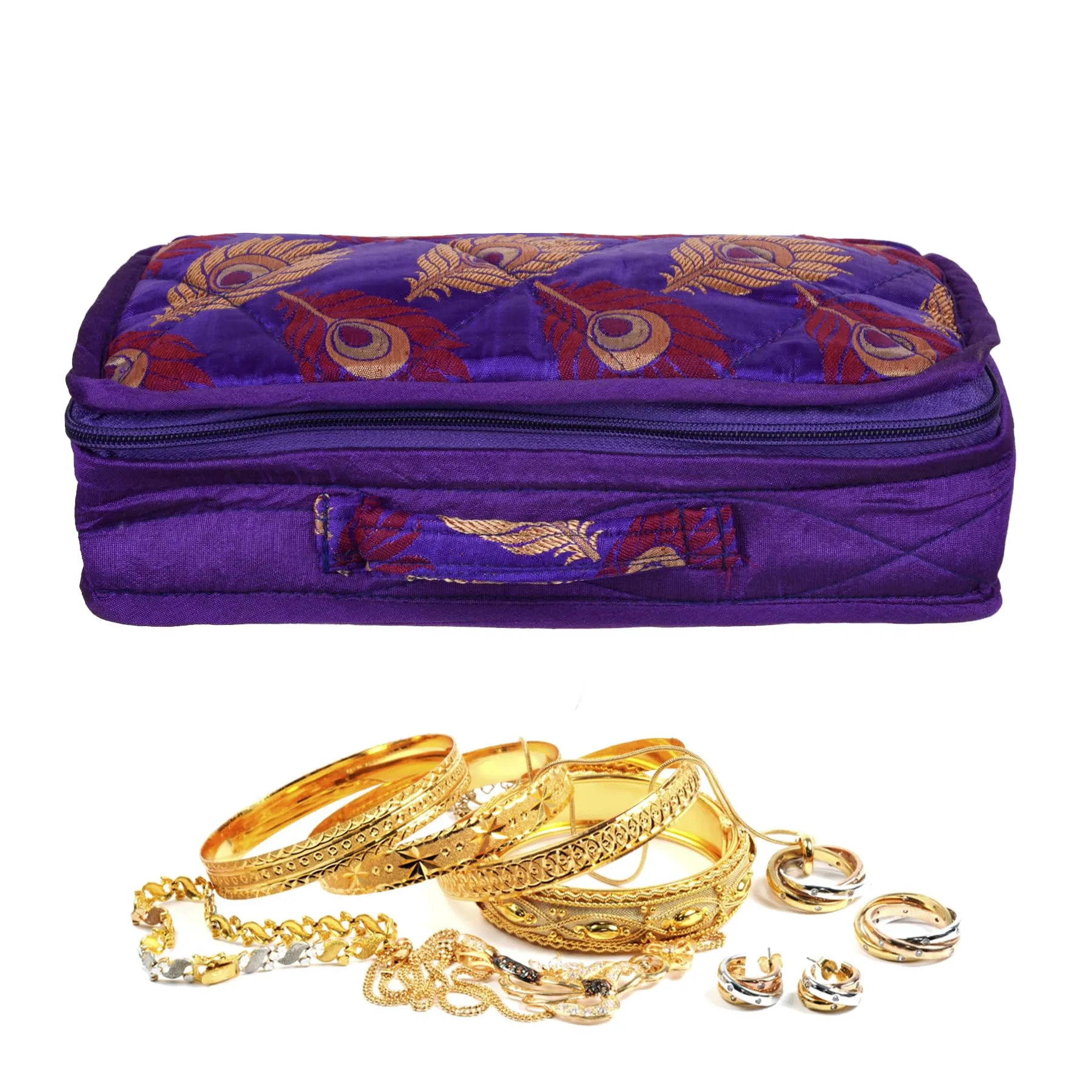 Kuber Industries Jewellery Kit | Satin Morpankh Print Jewellery Kit | 4 Flappable Pouches & 2 Extra Compartment | Cosmetic Kit for Necklace | Bracelet | Pack of 2 | Purple