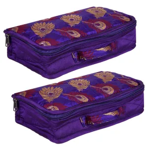 Kuber Industries Jewellery Kit | Satin Morpankh Print Jewellery Kit | 4 Flappable Pouches & 2 Extra Compartment | Cosmetic Kit for Necklace | Bracelet | Pack of 2 | Purple