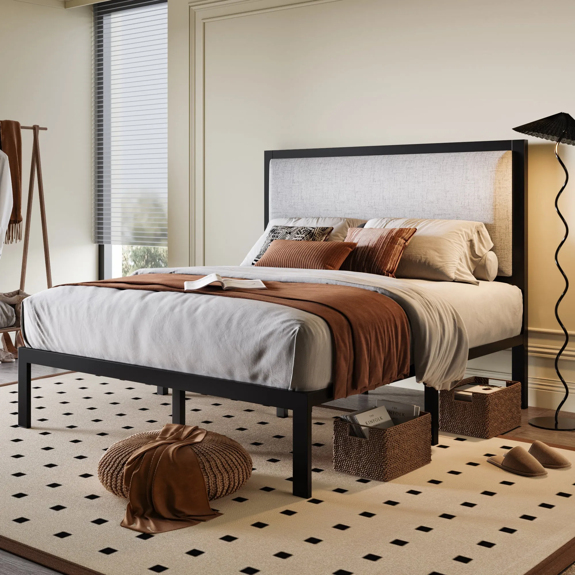 Metal Bed Frame with Minimalist Upholstered Headboard