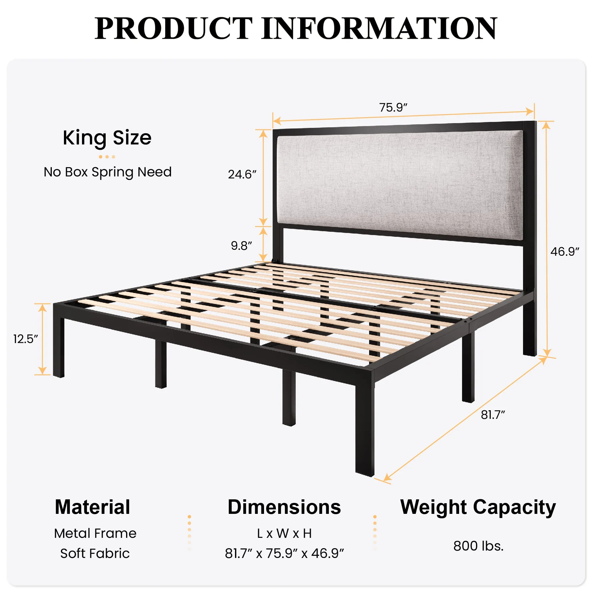 Metal Bed Frame with Minimalist Upholstered Headboard