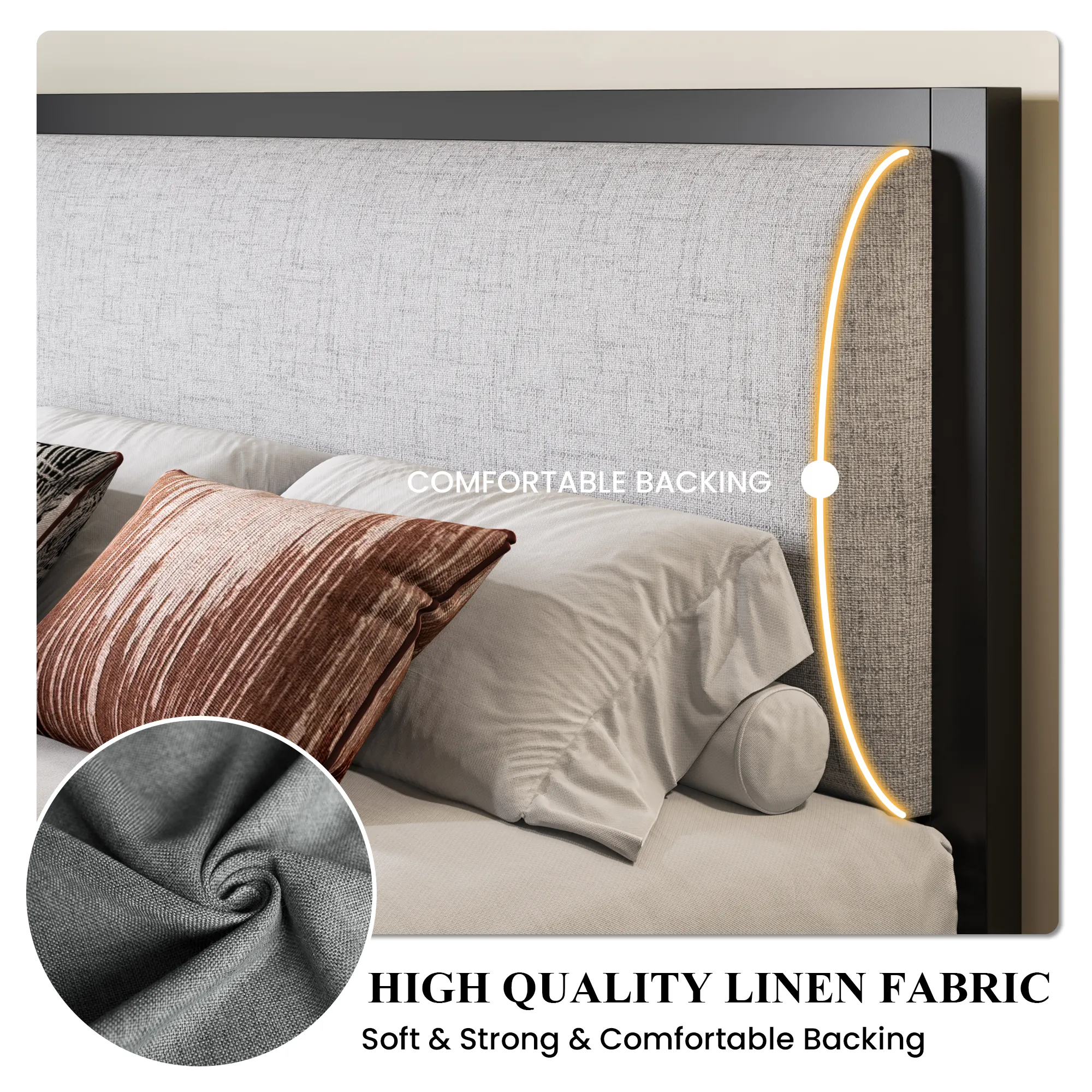 Metal Bed Frame with Minimalist Upholstered Headboard