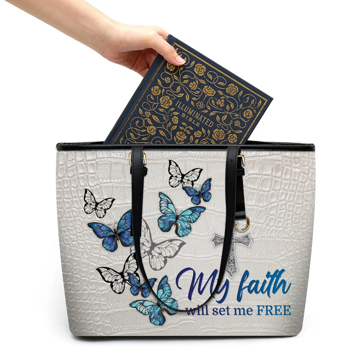 My Faith Will Set Me Free Large Leather Tote Bag - Christ Gifts For Religious Women - Best Mother's Day Gifts