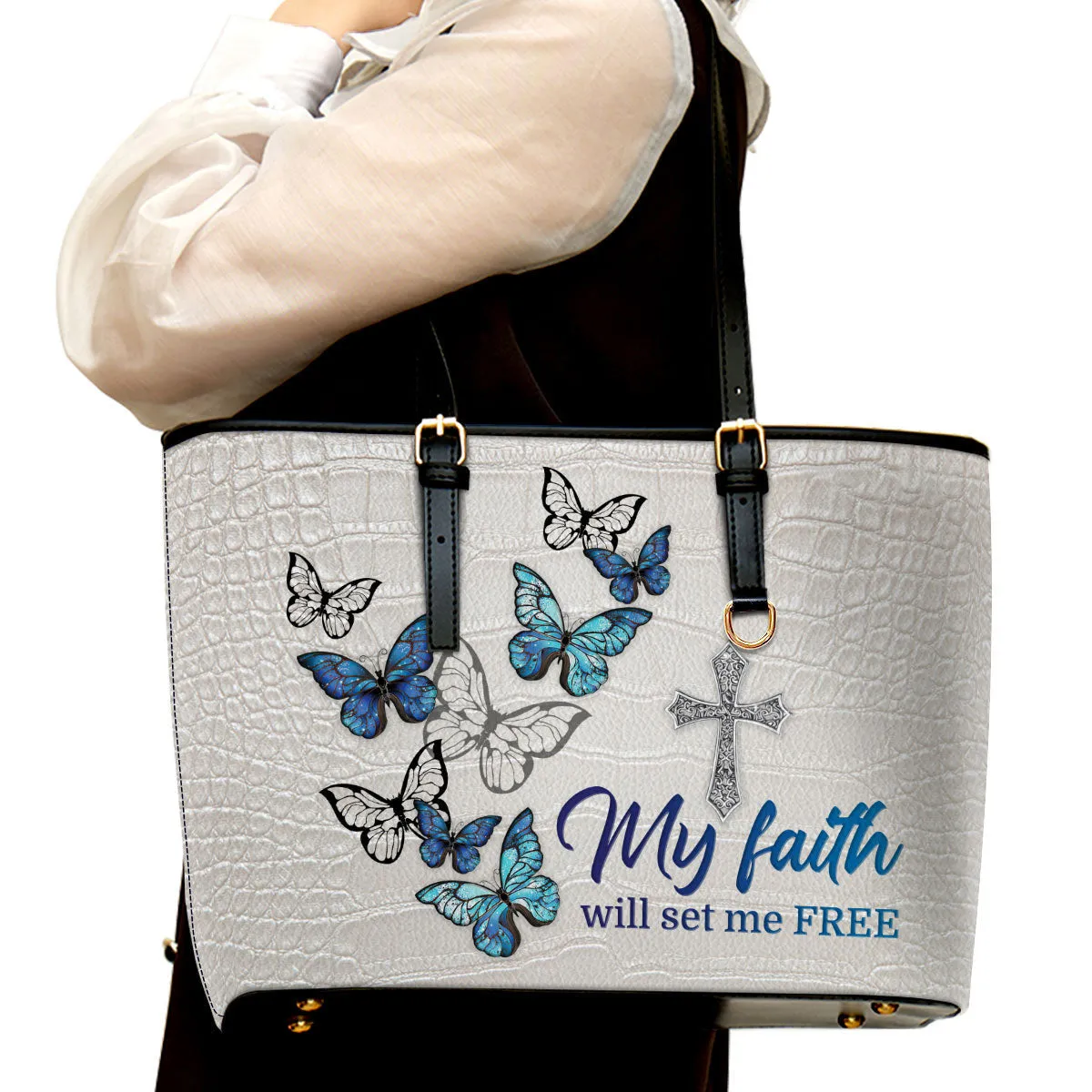 My Faith Will Set Me Free Large Leather Tote Bag - Christ Gifts For Religious Women - Best Mother's Day Gifts