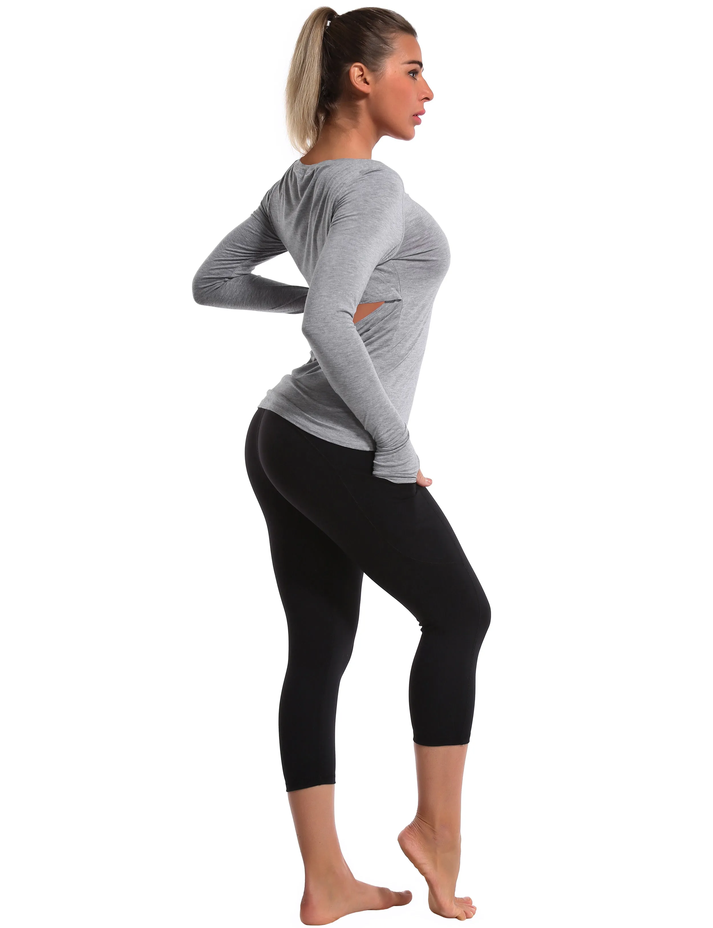 Open Back Long Sleeve Tops heathergray_Gym