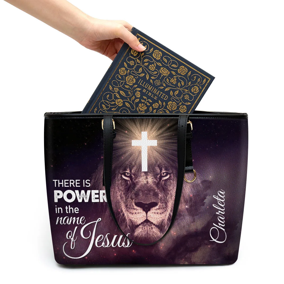 Personalized Lion Large Pu Leather Tote Bag There Is Power In The Name Of Jesus For Women - Mom Gifts For Mothers Day