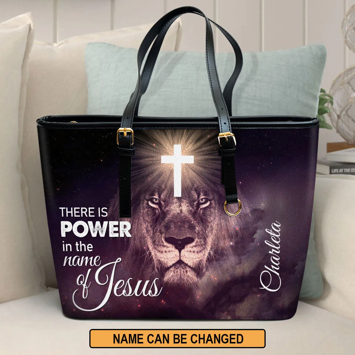 Personalized Lion Large Pu Leather Tote Bag There Is Power In The Name Of Jesus For Women - Mom Gifts For Mothers Day