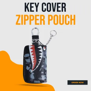 Shark Style Zipper Matte Leather Key Cover Pouch Black with Keychain Ring