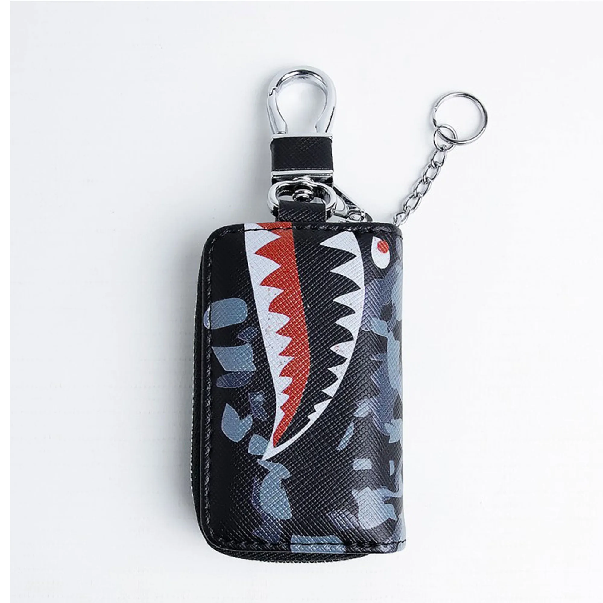 Shark Style Zipper Matte Leather Key Cover Pouch Black with Keychain Ring