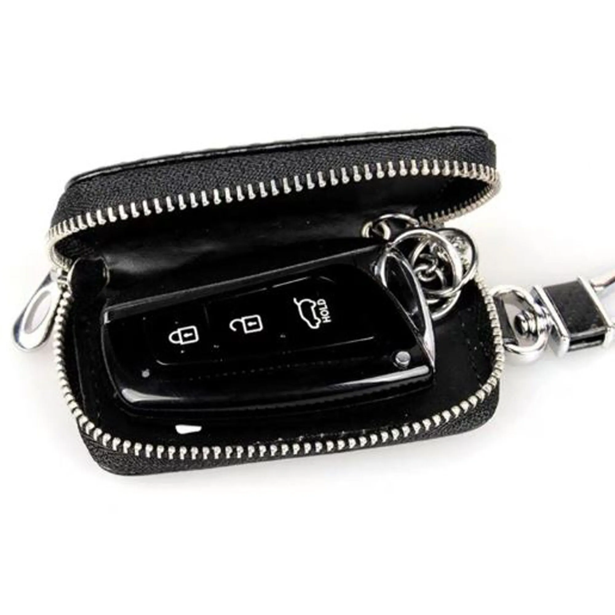 Shark Style Zipper Matte Leather Key Cover Pouch Black with Keychain Ring