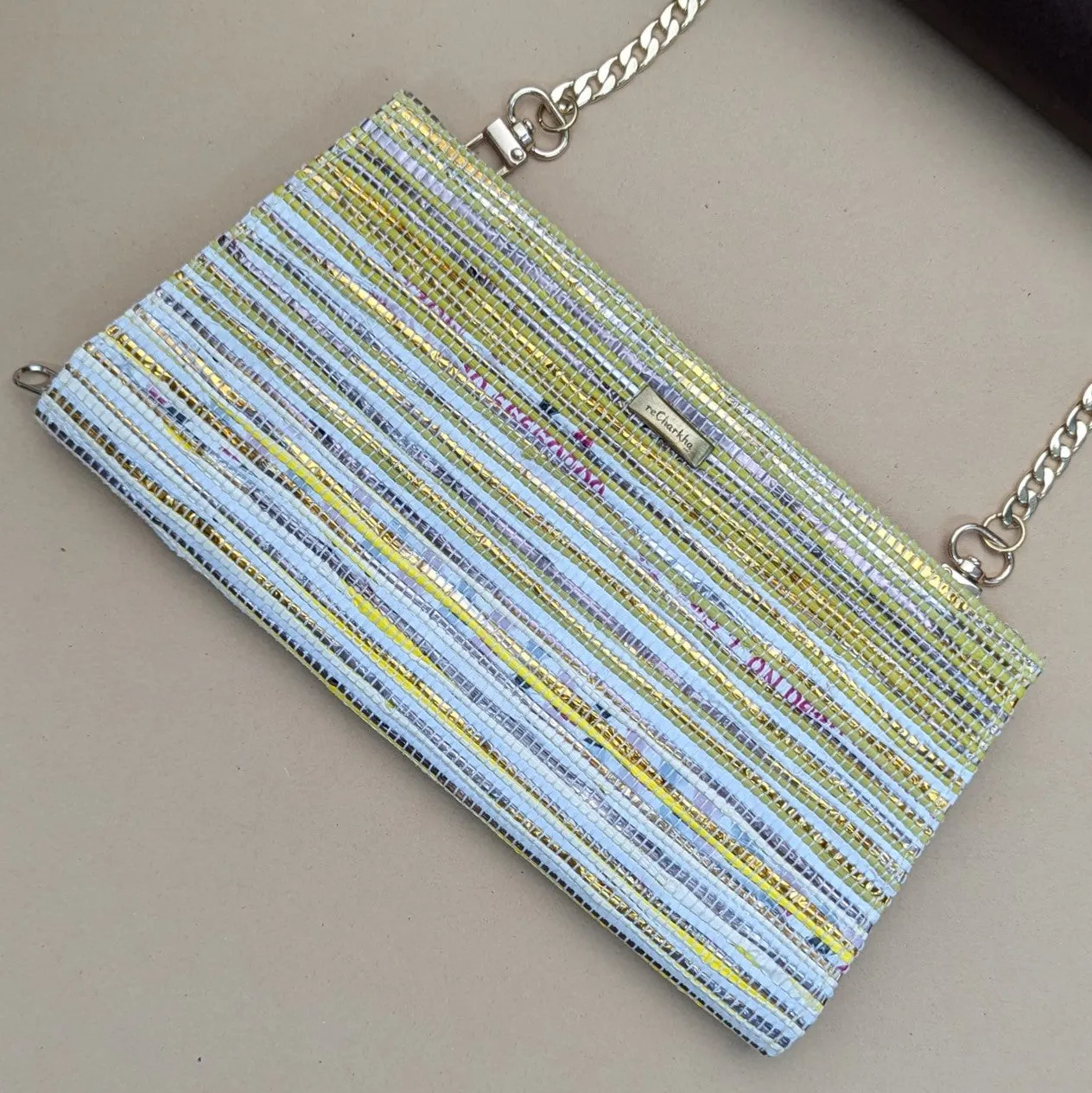 Shimmery Golden Yellow Upcycled Handcrafted Trapeze Clutch (TC1024-016) PS_W