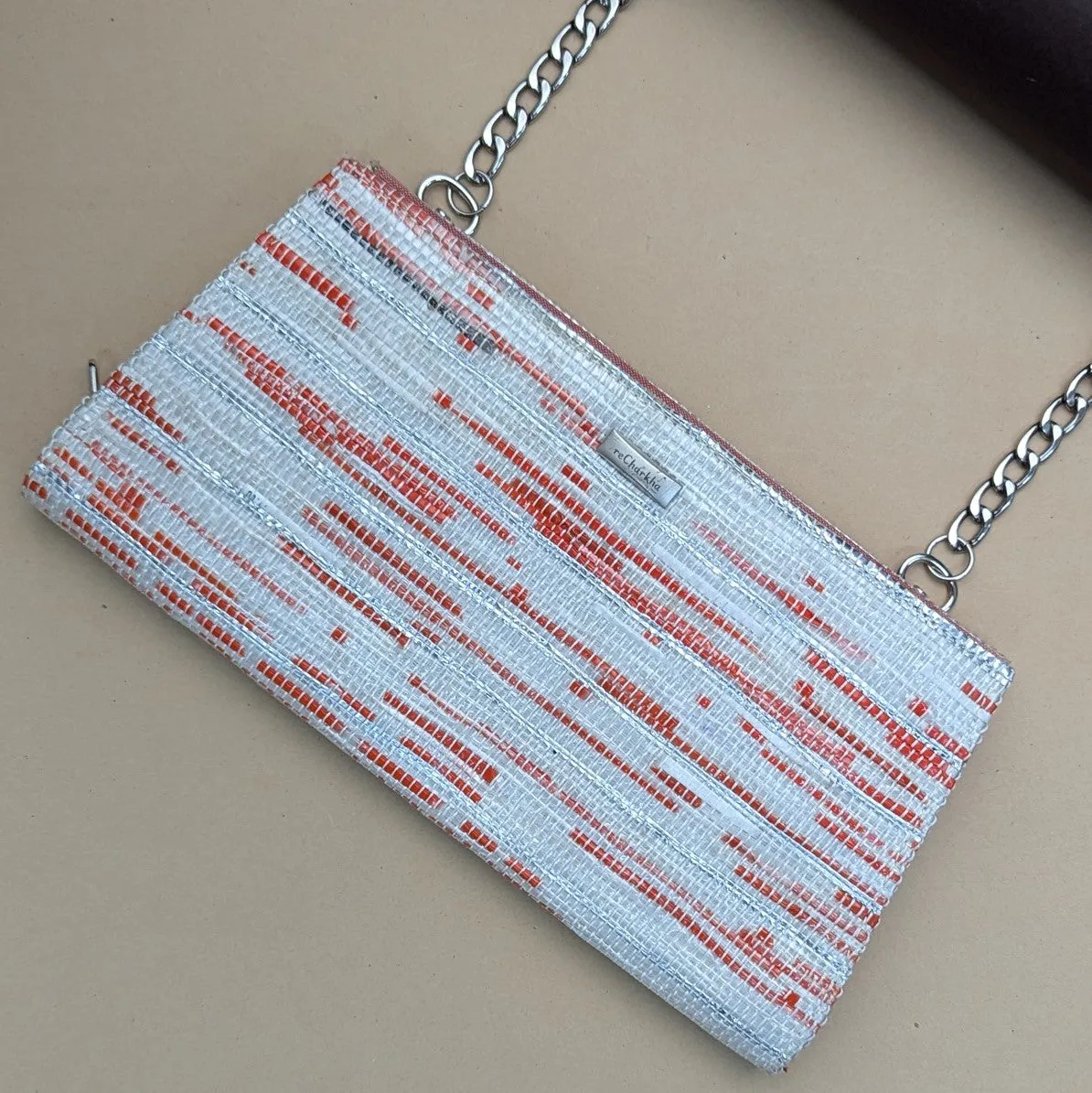 Shimmery Silver and Red Upcycled Handcrafted Trapeze Clutch (TC1024-013) PS_W