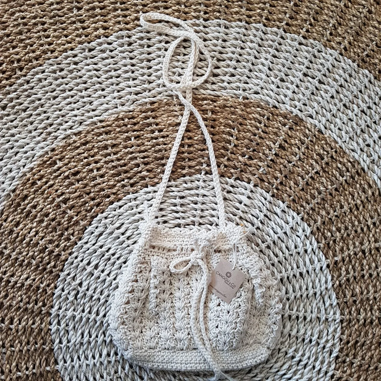 Small Natural Woven White Macrame Bag With Cinch