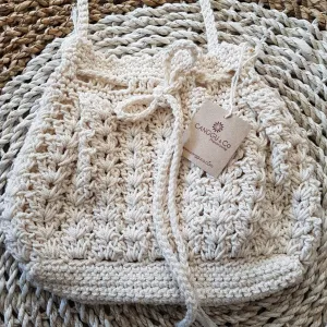 Small Natural Woven White Macrame Bag With Cinch