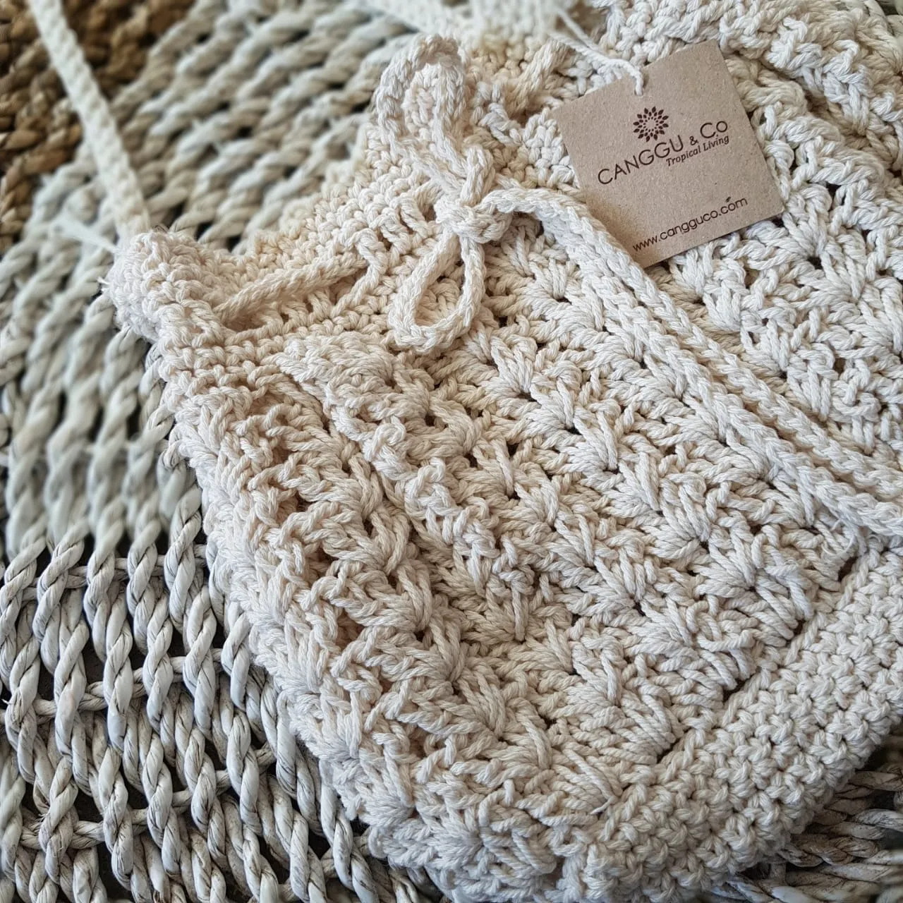 Small Natural Woven White Macrame Bag With Cinch