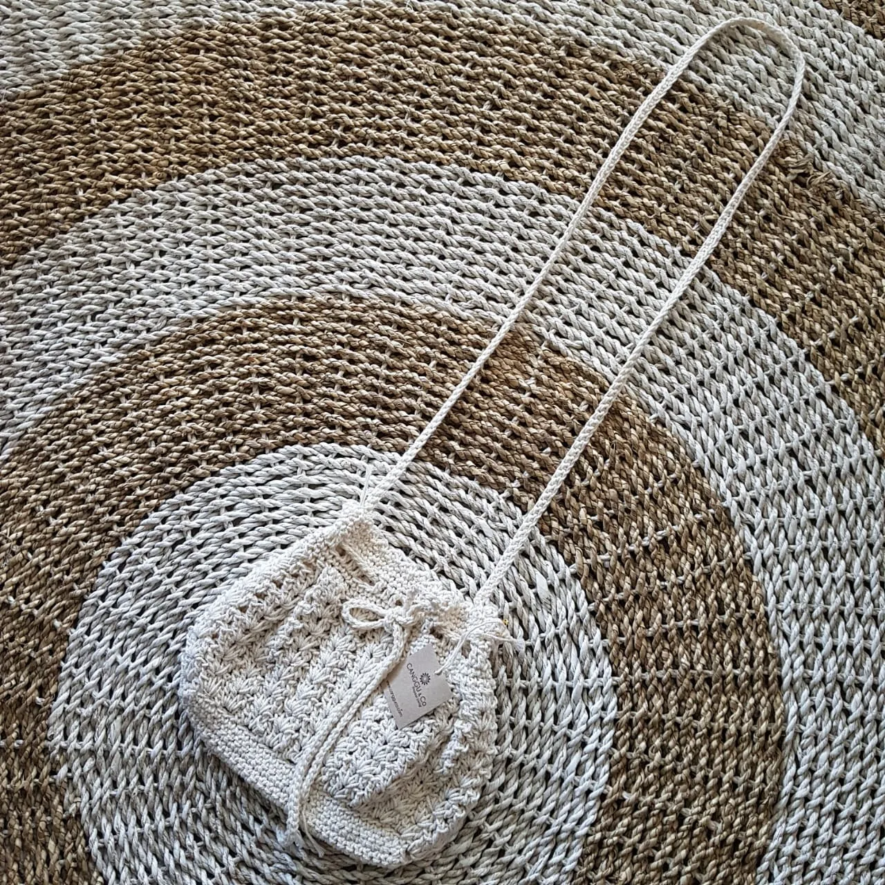 Small Natural Woven White Macrame Bag With Cinch