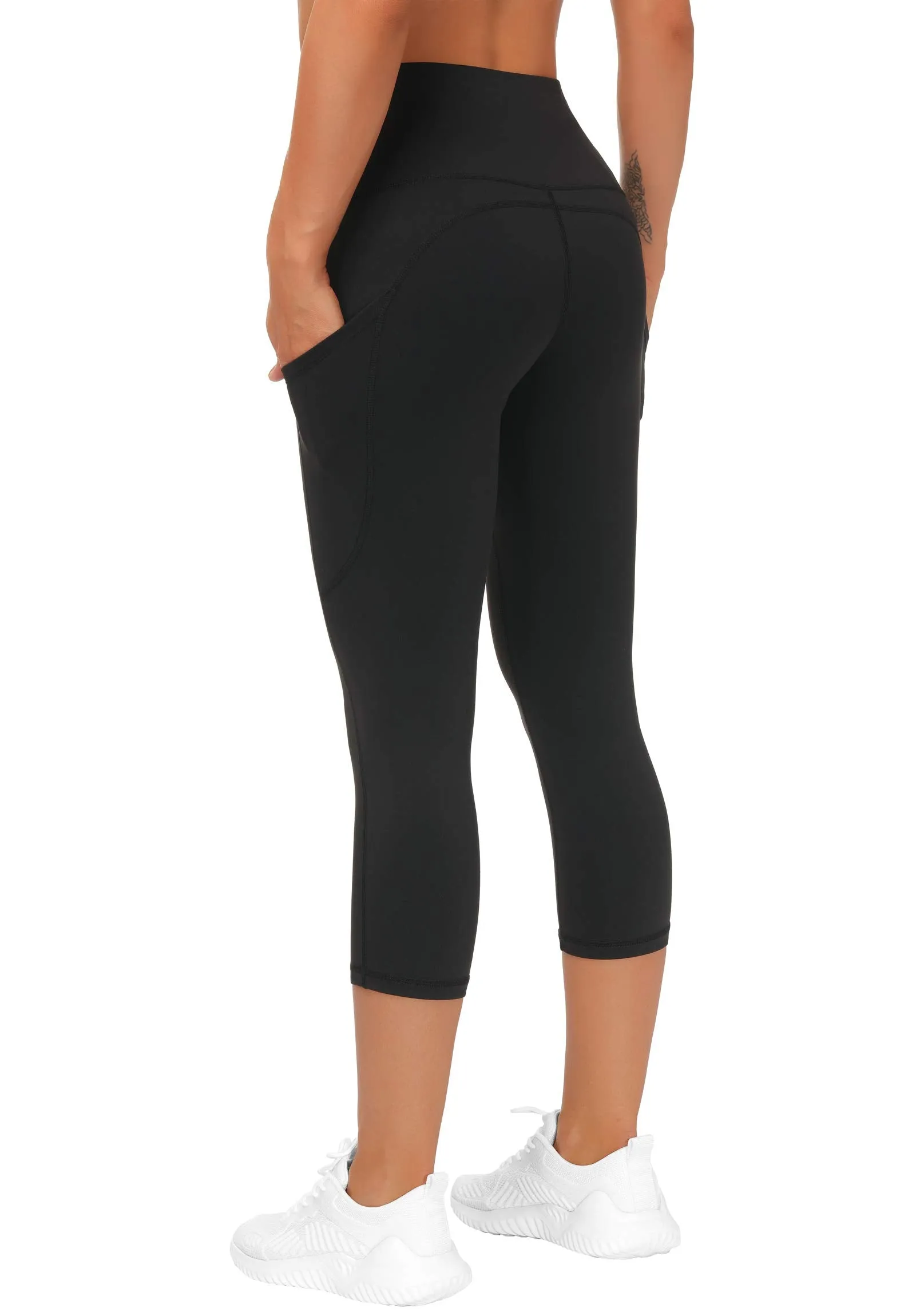 THE GYM PEOPLE Thick High Waist Capris Yoga Pants with Pockets, Tummy Control Workout Running Yoga Leggings for Women Black