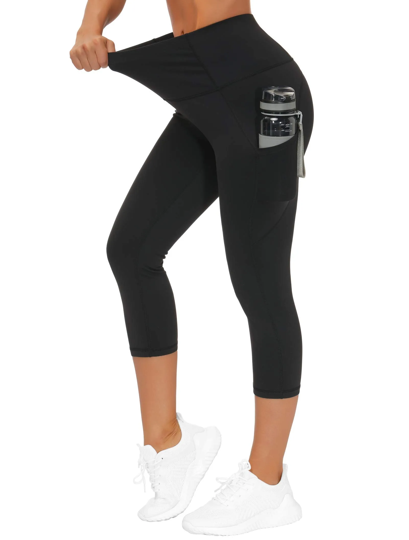 THE GYM PEOPLE Thick High Waist Capris Yoga Pants with Pockets, Tummy Control Workout Running Yoga Leggings for Women Black