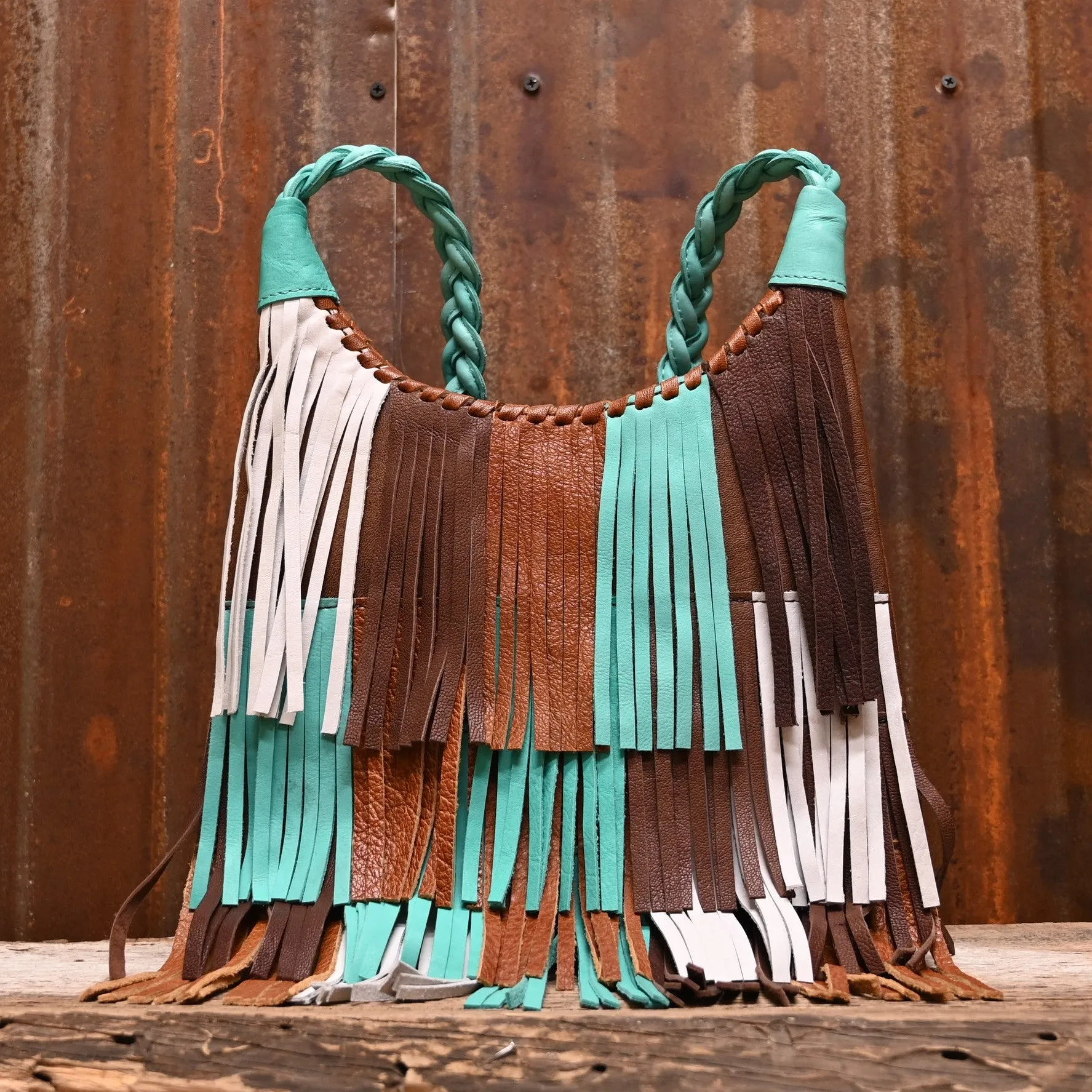 Turquoise Brown and White Patchwork with Fringe