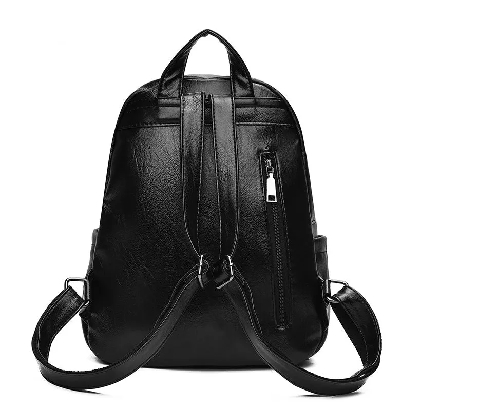 Women's Black PU Leather Adjustable Straps Backpack